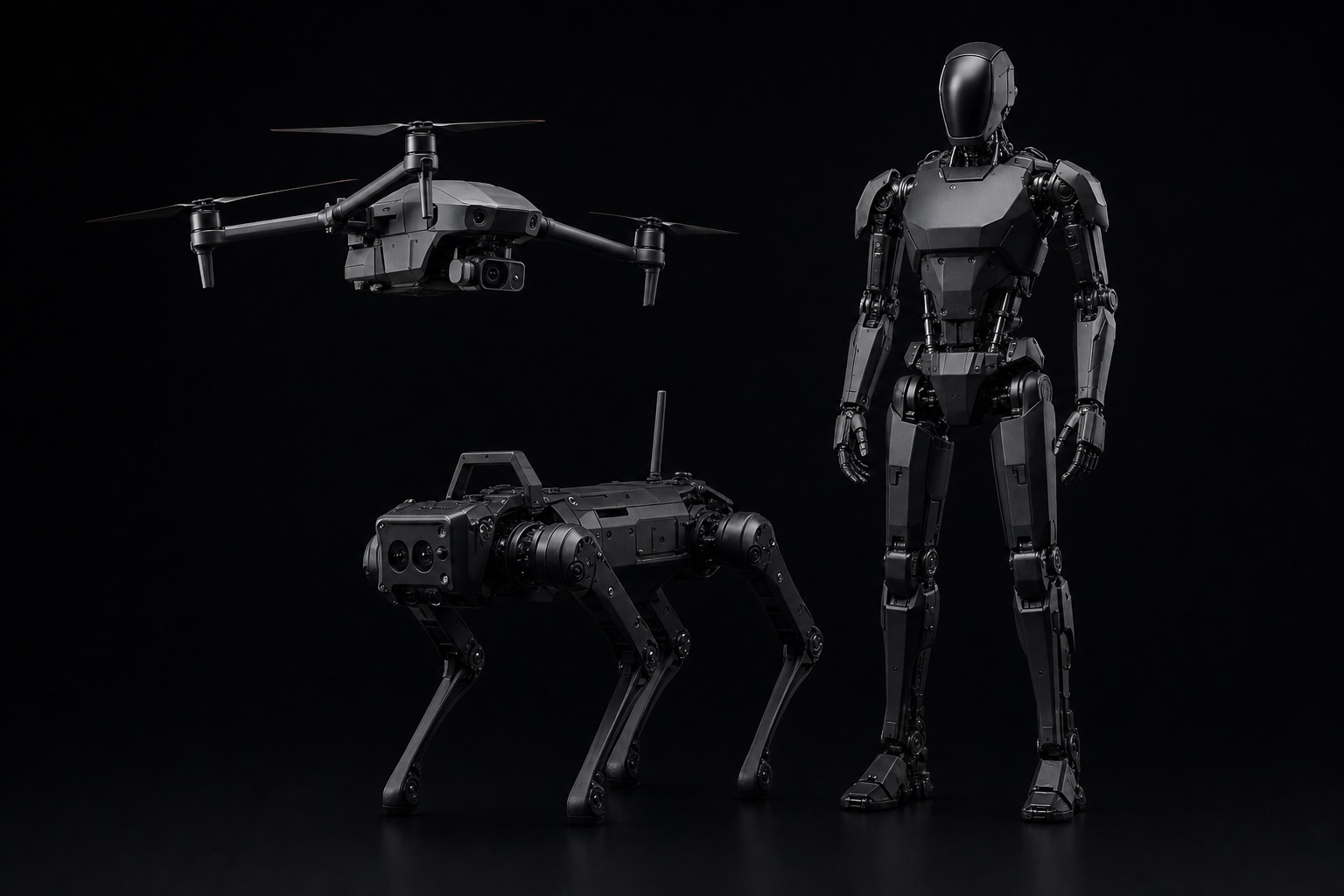 Drone, quadruped and humanoid robots