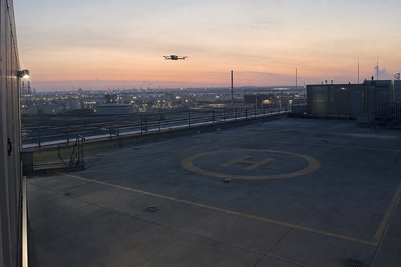 Drone over a rooftop helipad at dawn
